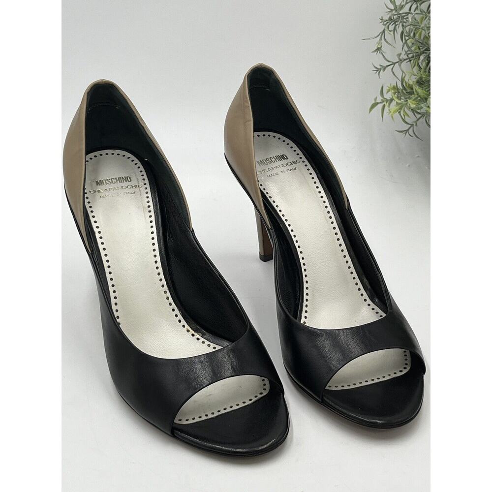 Moschino Cheap & Chic Color Block Black Tan Leather Peep Toe Pumps Sz 40/9.5‎